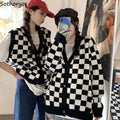 Checkerboard Plaid Cardigan Women Single Breasted Fashion Design Vintage Street Wear All-Match Loose Harajuku Leisure Sweaters