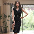 Women Summer Office Lady Belted Vestidos Sleeveless Work Wear Slim Double Button Sexy Korean Fashion Style Dress Clothes