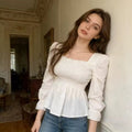 Y2K Fashion New Spring And Autumn Women'S Horn Long-Sleeved Shirt Elegant Summer Casual White Square Neck Slim-Fitting Blouse