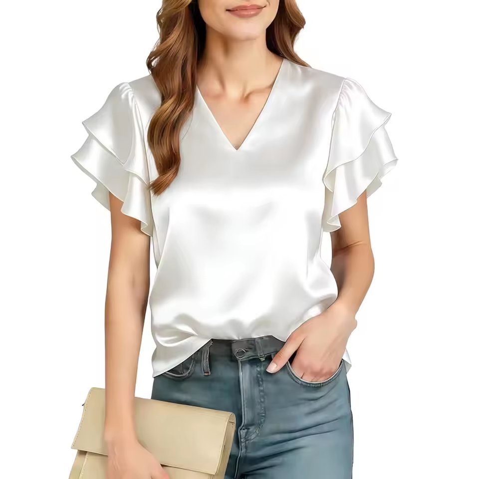 Xingqing Y2K Women Blouses Sexy Clothes Solid Color V Neck Ruffle Short Sleeve Loose Satin Shirts 2000S Clothing Streetwear