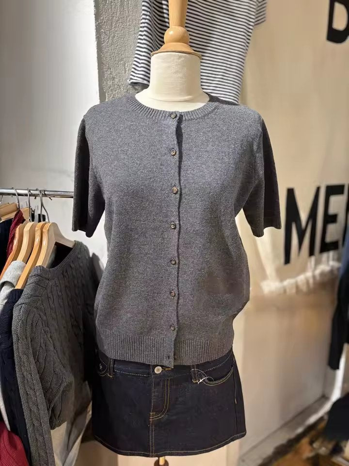 New Solid Short Sleeve Sweater Cardigan Women Spring O-Neck Single Breasted Casual Sweaters Dark Grey All-Match Knitwear Tops