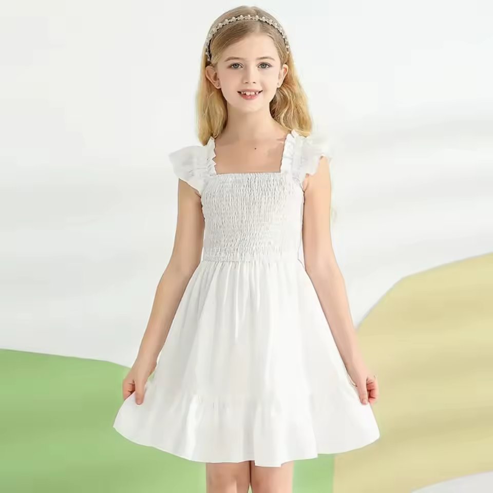 Girls Ruffle Sleeve Princess Dress Square Neck Smocked Tiered Ruffle Hem Soft Cotton Dress Casual Summer Dress For Kids 2-12Y