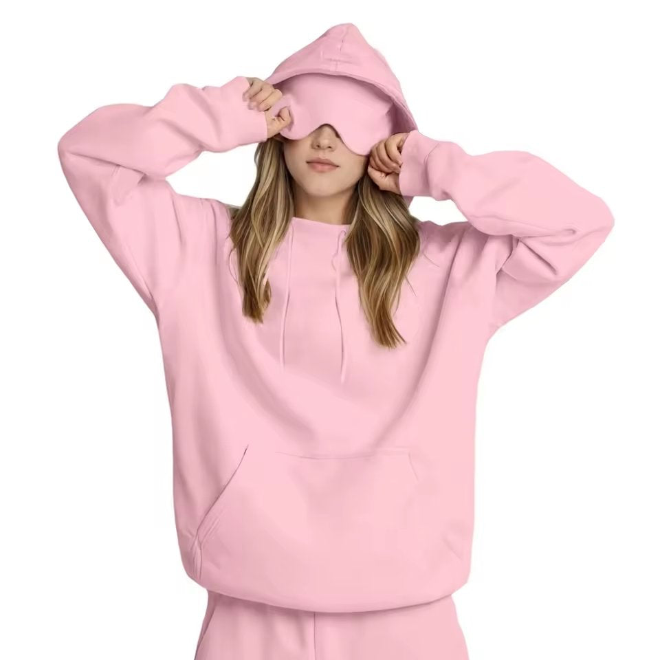 Lazy Style Hooded Eye Mask Sweatshirt Home Leisure Pure Color Versatile Outerwear Long Sleeve Zipper Closure Streetwear For T...