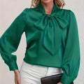 Elegant Green Shirt Women'S Fashionable French Style Long Sleeve Butterfly Knot Business Casual Polyester Fabric Shirt