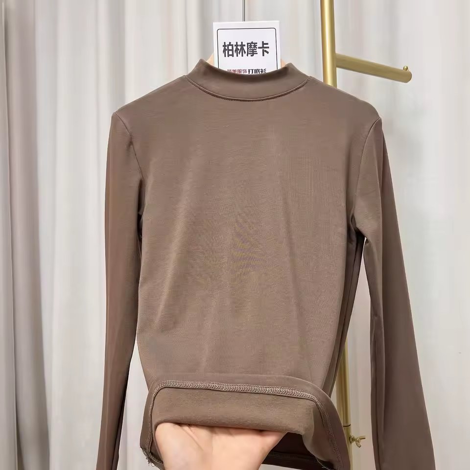 Versatile High-End Small Stand Collar Base Shirt Women'S Inner Wear Half High Collar High Quality Top Cotton Long Sleeve