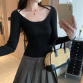 Black Knitted Long Sleeve Necktie Square Collar Women'S Spring Fashion Slim Fit Short Inner Shirt Top Commute Style Korean Ve...