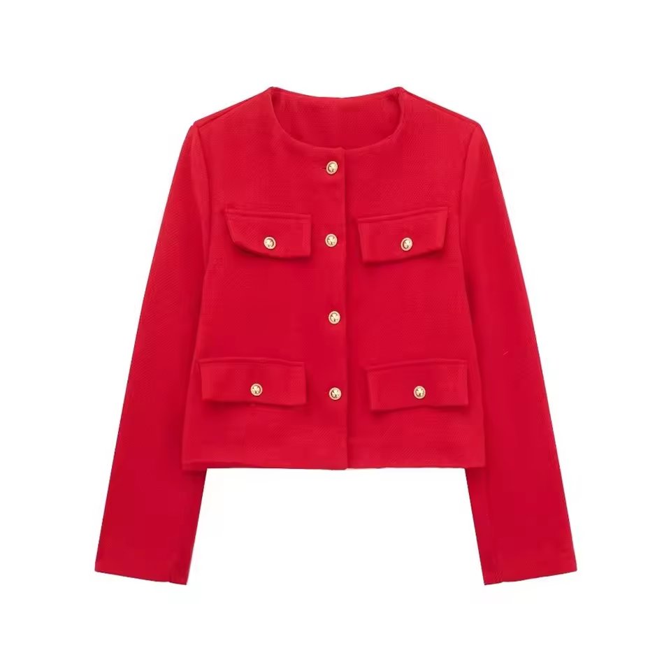 Women'S Golden Button Jacket Coat, O Neck, Long Sleeve, Female Outerwear, Chic Tops, Fashion