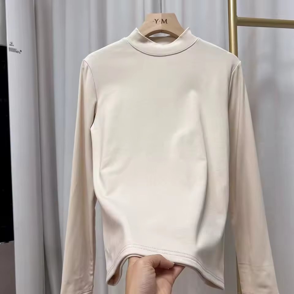Versatile High-End Small Stand Collar Base Shirt Women'S Inner Wear Half High Collar High Quality Top Cotton Long Sleeve