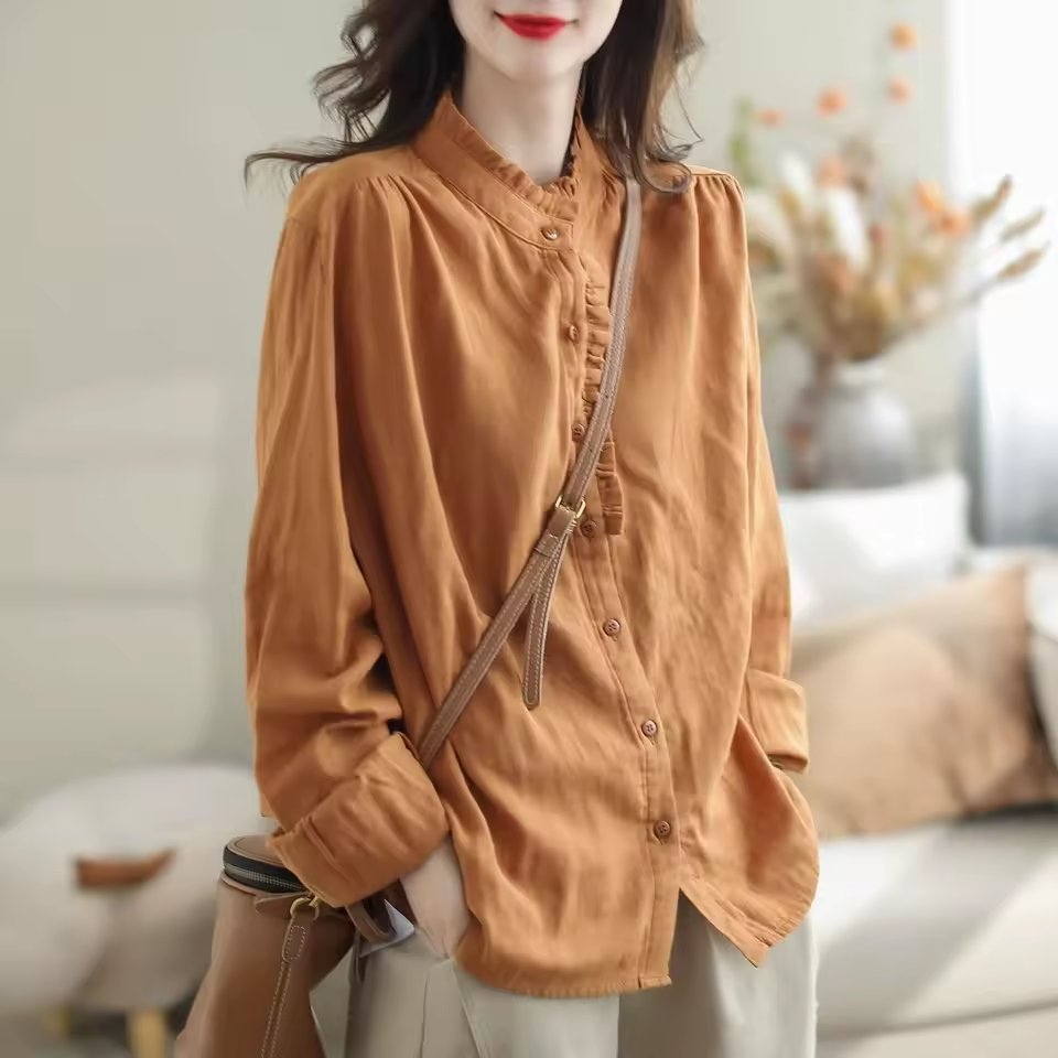 Cotton Linen Irt Women Summer Casual Loose Long Sve Ear Design Light Thin Sle Classic Collar Button Up Ladies Top