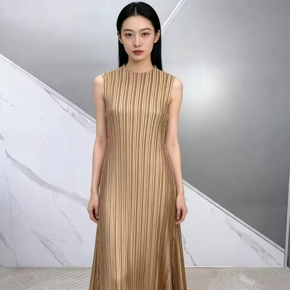 Elegant Comfortable Pleated Dress Sleeveless Elastic Skirt Business Casual City Walk A-Line Midi Skirt Polyester Fabric
