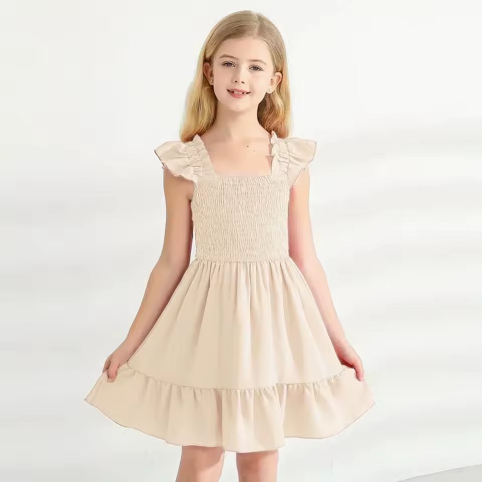 Girls Ruffle Sleeve Princess Dress Square Neck Smocked Tiered Ruffle Hem Soft Cotton Dress Casual Summer Dress For Kids 2-12Y