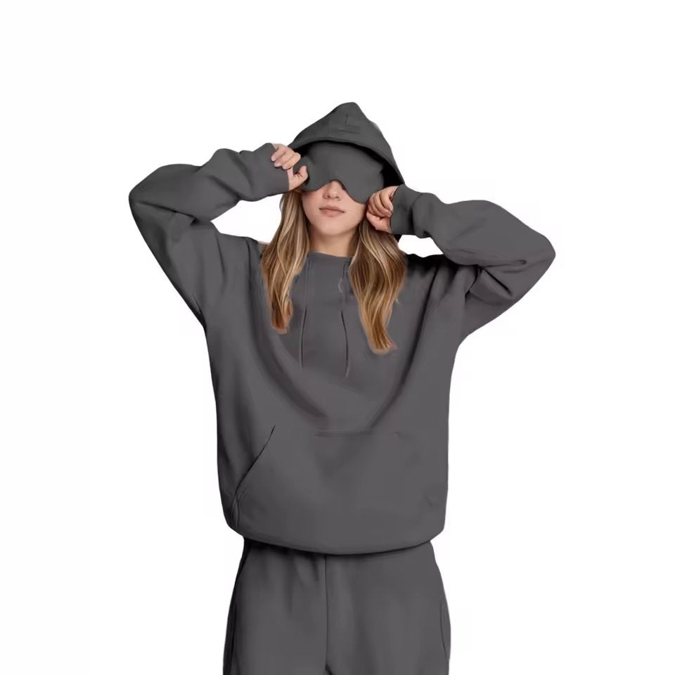 Lazy Style Hooded Eye Mask Sweatshirt Home Leisure Pure Color Versatile Outerwear Long Sleeve Zipper Closure Streetwear For T...