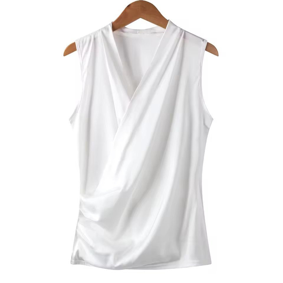 New Smooth Satin Female Sleeveless Blouse V-Neck Top Slim Fit Outside Shirts