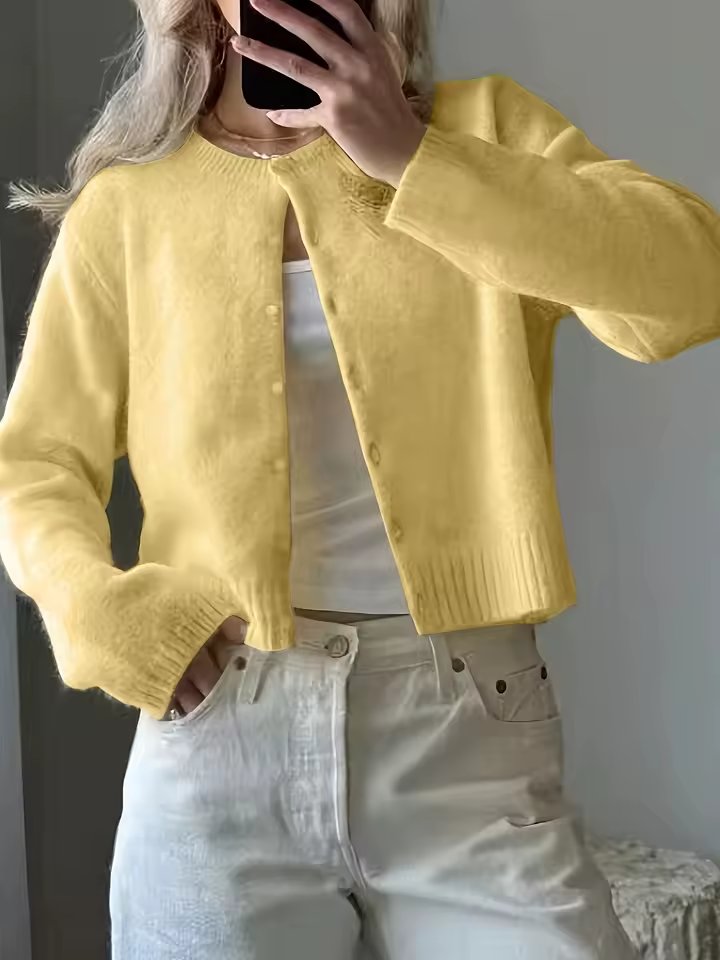 Women'S Solid Color Short Cardigan, Button Front Casual Knit Sweater, Fashion All-Match Outerwear