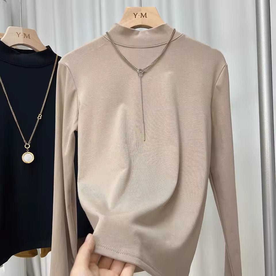 Versatile High-End Small Stand Collar Base Shirt Women'S Inner Wear Half High Collar High Quality Top Cotton Long Sleeve