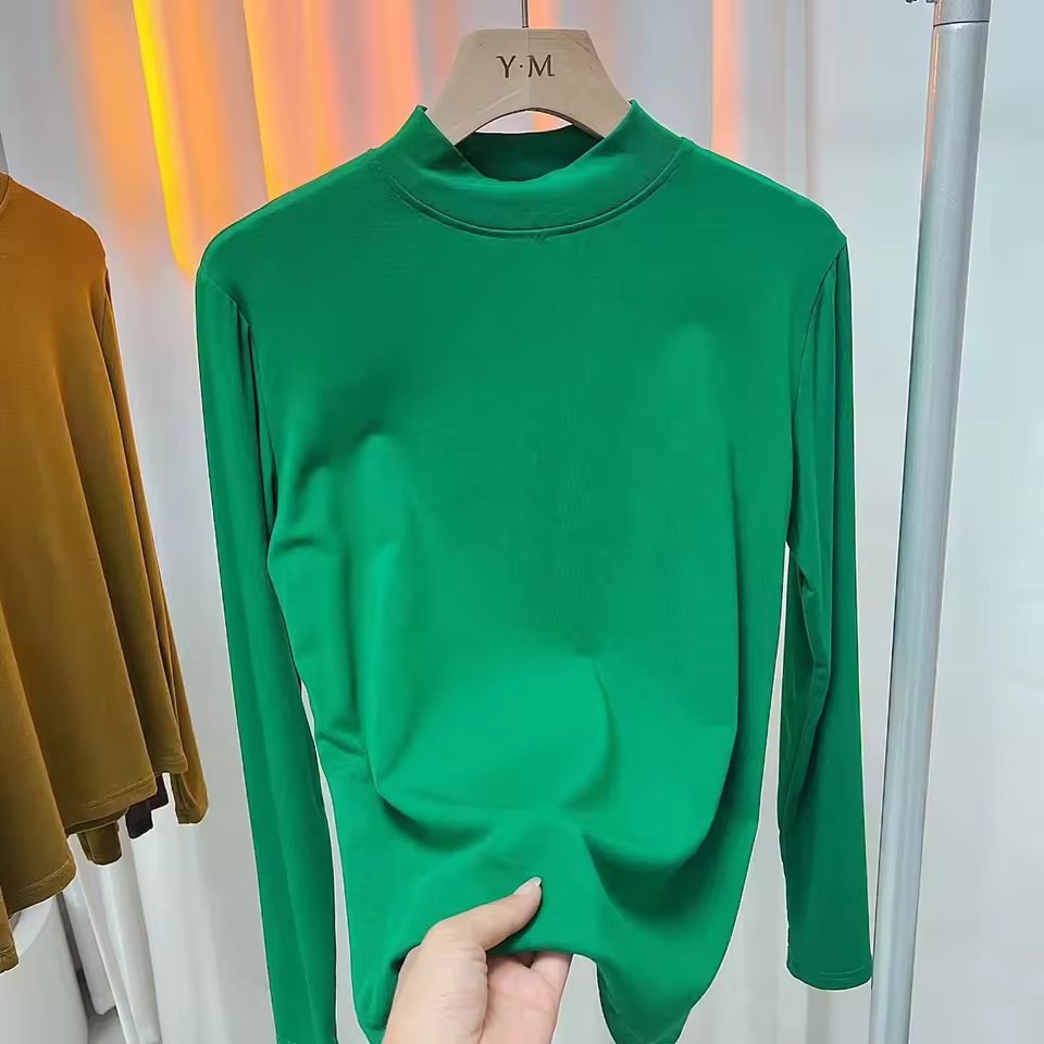 Versatile High-End Small Stand Collar Base Shirt Women'S Inner Wear Half High Collar High Quality Top Cotton Long Sleeve