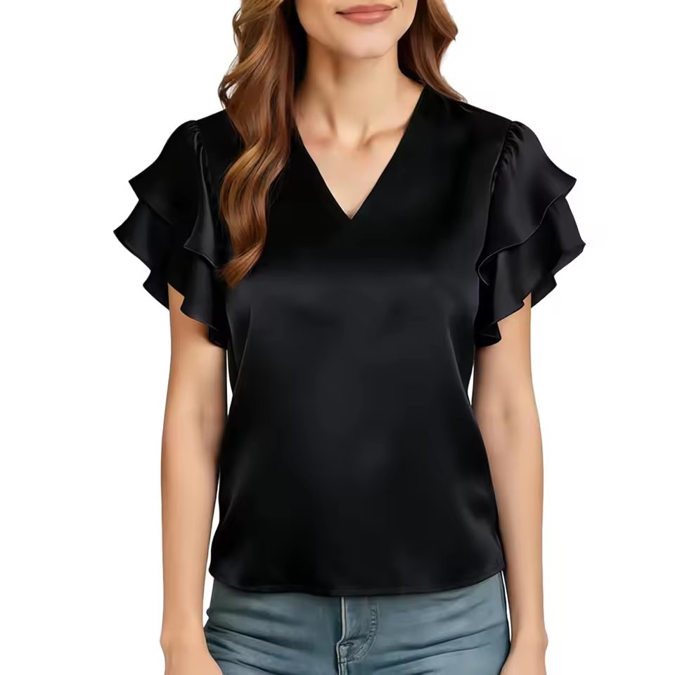 Xingqing Y2K Women Blouses Sexy Clothes Solid Color V Neck Ruffle Short Sleeve Loose Satin Shirts 2000S Clothing Streetwear