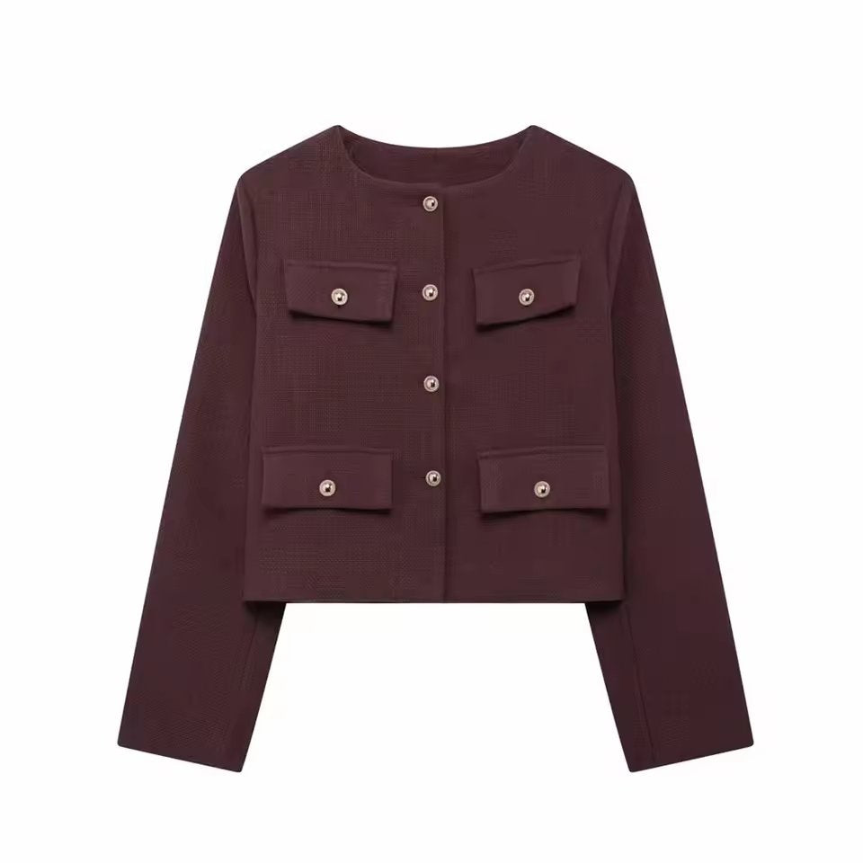 Women'S Golden Button Jacket Coat, O Neck, Long Sleeve, Female Outerwear, Chic Tops, Fashion