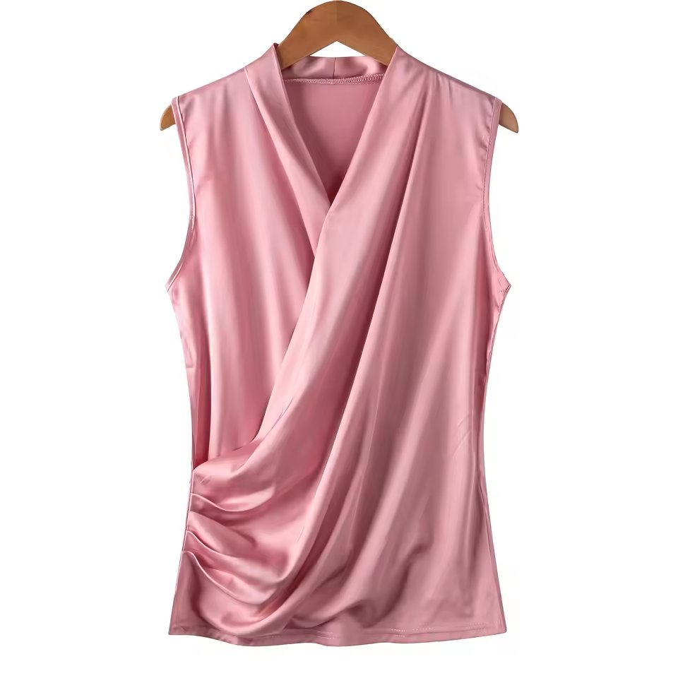 New Smooth Satin Female Sleeveless Blouse V-Neck Top Slim Fit Outside Shirts