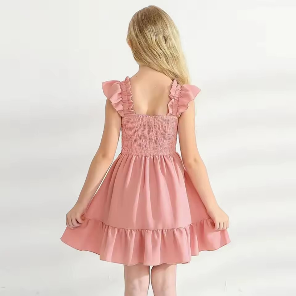 Girls Ruffle Sleeve Princess Dress Square Neck Smocked Tiered Ruffle Hem Soft Cotton Dress Casual Summer Dress For Kids 2-12Y