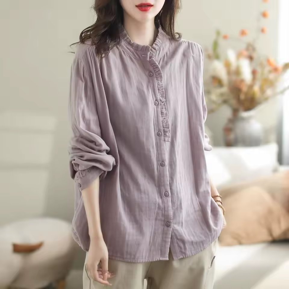 Cotton Linen Irt Women Summer Casual Loose Long Sve Ear Design Light Thin Sle Classic Collar Button Up Ladies Top