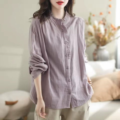 Cotton Linen Irt Women Summer Casual Loose Long Sve Ear Design Light Thin Sle Classic Collar Button Up Ladies Top