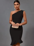 Mermaid Midi Bandage Dress Women Black Bodycon Dress Evening Party Elegant Sexy One Shoulder Birthday Club Outfit 2023 Summer