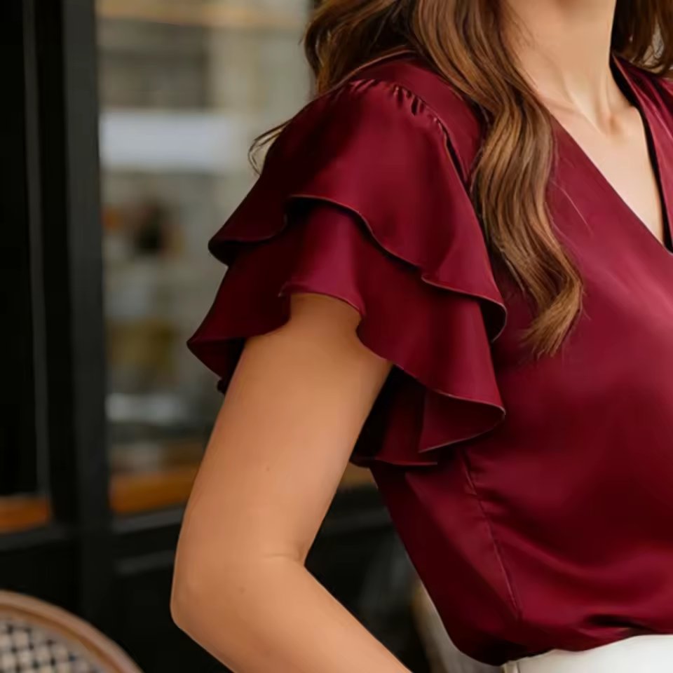 Xingqing Y2K Women Blouses Sexy Clothes Solid Color V Neck Ruffle Short Sleeve Loose Satin Shirts 2000S Clothing Streetwear