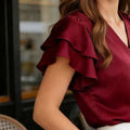 Xingqing Y2K Women Blouses Sexy Clothes Solid Color V Neck Ruffle Short Sleeve Loose Satin Shirts 2000S Clothing Streetwear