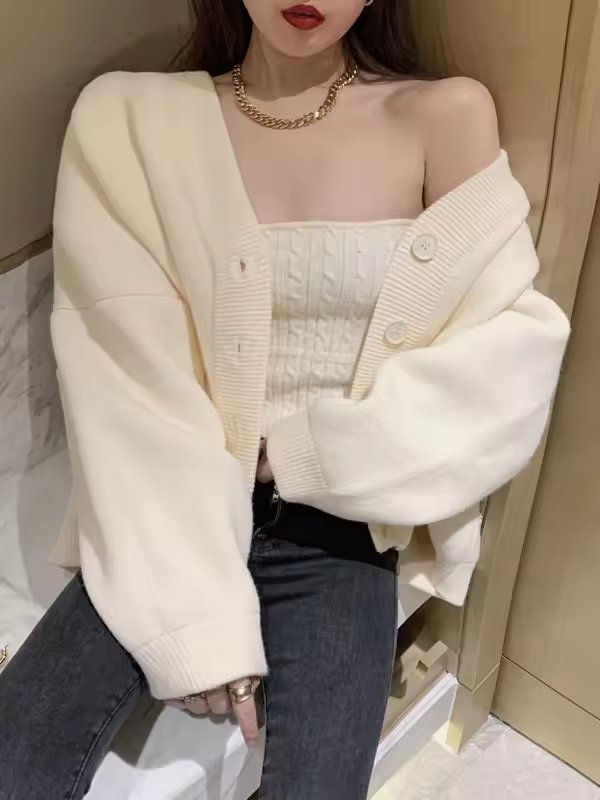 Thickened Sweater Coat Lazy Style Hot Girl Pure Desire Tube Top Open Cardigan Knitted Two-Piece Set For Young Women