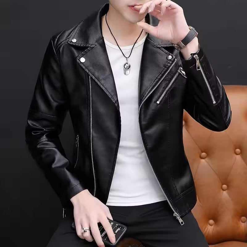 Slim Fit Men'S Leather Jacket Trendy Stylish Spring Autumn Winter Motorcycle Jacket Pu Leather Zipper Closure Four Seasons Su...