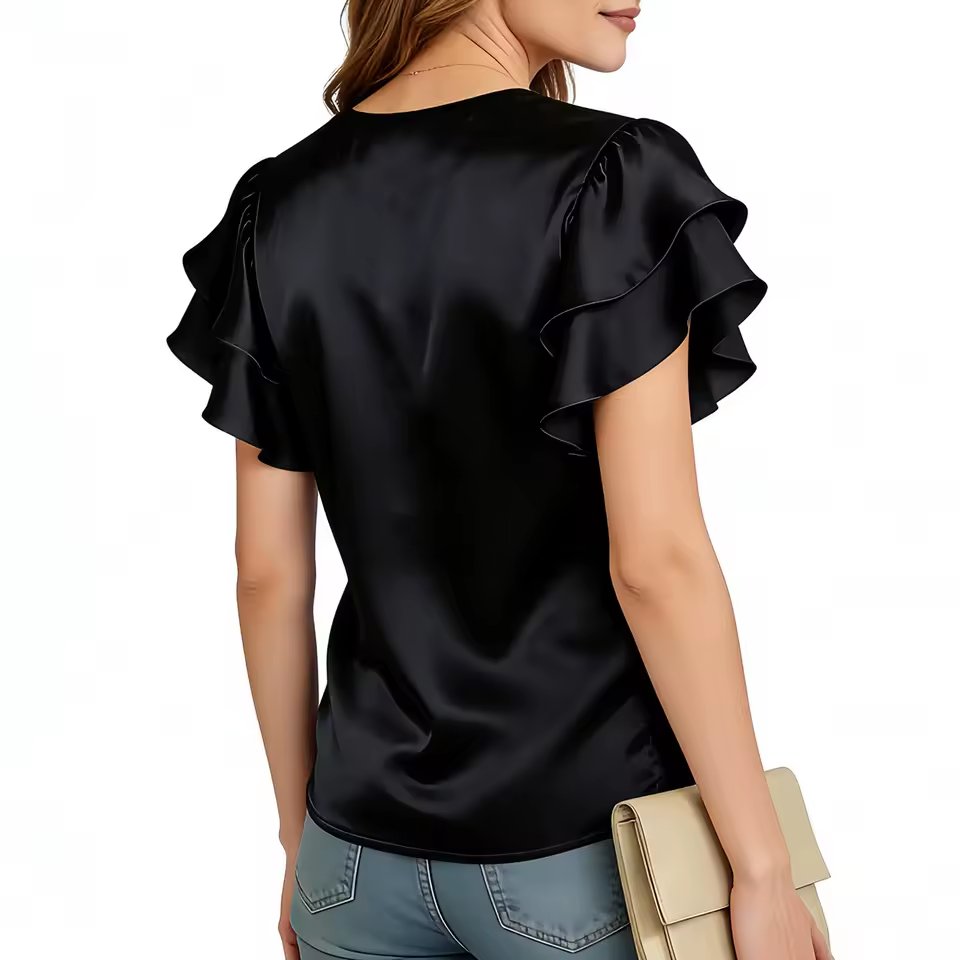 Xingqing Y2K Women Blouses Sexy Clothes Solid Color V Neck Ruffle Short Sleeve Loose Satin Shirts 2000S Clothing Streetwear