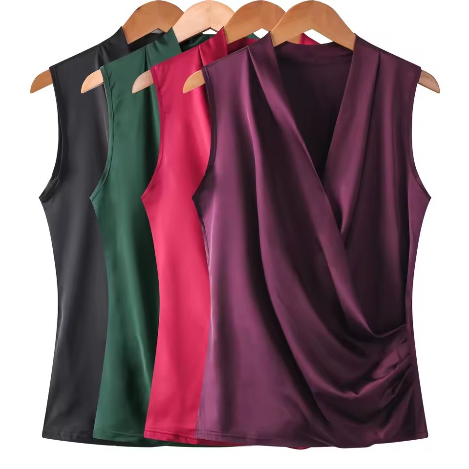 New Smooth Satin Female Sleeveless Blouse V-Neck Top Slim Fit Outside Shirts