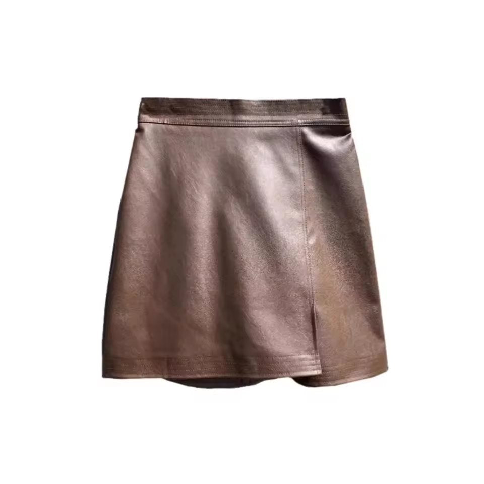 2024 New Women'S Fashionable High-Waisted Slimming Bodycon Skirt Autumn/Winter Style Irregular Side Slit Pu Leather Dress
