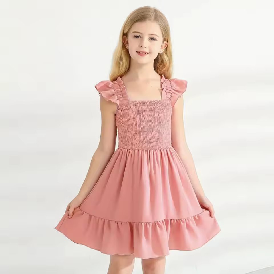Girls Ruffle Sleeve Princess Dress Square Neck Smocked Tiered Ruffle Hem Soft Cotton Dress Casual Summer Dress For Kids 2-12Y