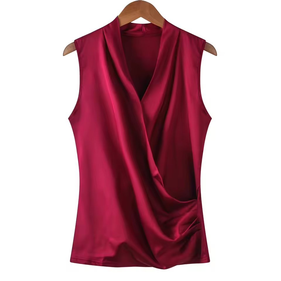 New Smooth Satin Female Sleeveless Blouse V-Neck Top Slim Fit Outside Shirts