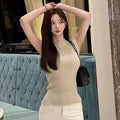 Elegant Korean Style Knitted Vest Sleeveless High Collar Slim Fit Sexy Women'S Fashion Versatile Commute Comfortable Casual