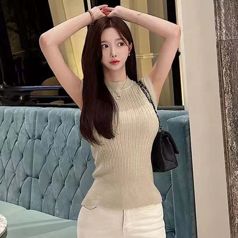 Elegant Korean Style Knitted Vest Sleeveless High Collar Slim Fit Sexy Women'S Fashion Versatile Commute Comfortable Casual