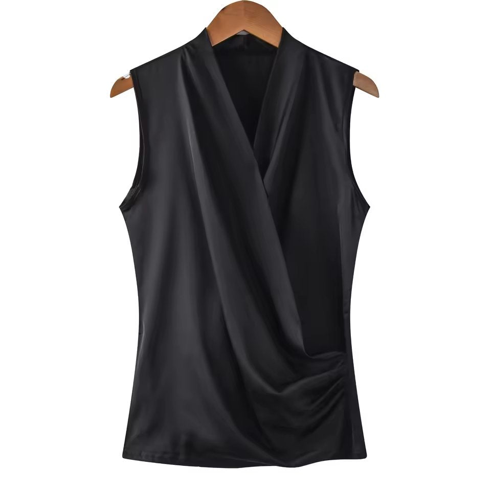 New Smooth Satin Female Sleeveless Blouse V-Neck Top Slim Fit Outside Shirts