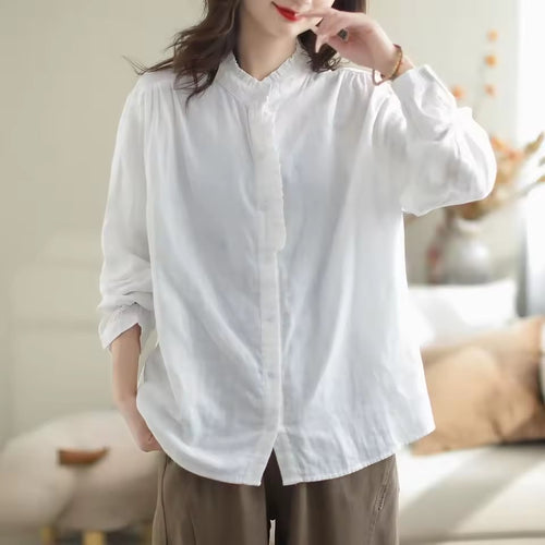Cotton Linen Irt Women Summer Casual Loose Long Sve Ear Design Light Thin Sle Classic Collar Button Up Ladies Top