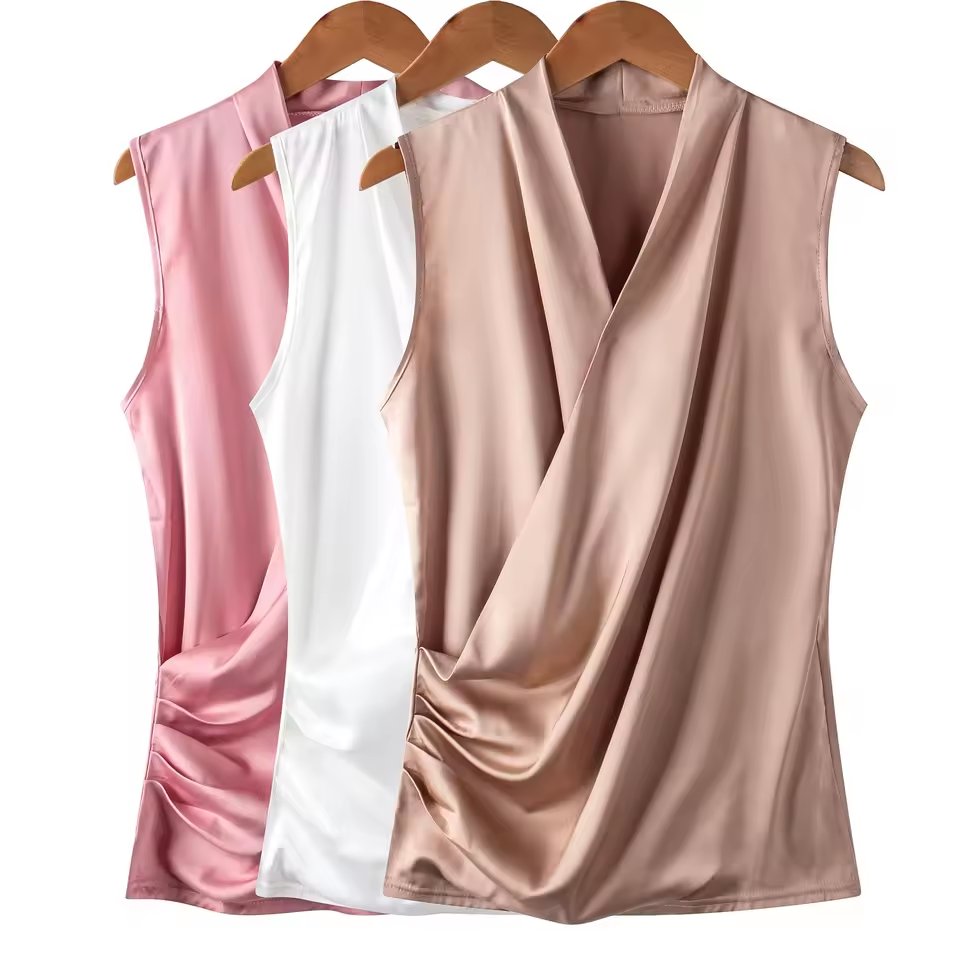 New Smooth Satin Female Sleeveless Blouse V-Neck Top Slim Fit Outside Shirts
