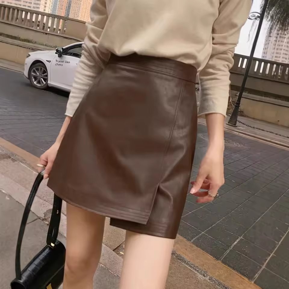 2024 New Women'S Fashionable High-Waisted Slimming Bodycon Skirt Autumn/Winter Style Irregular Side Slit Pu Leather Dress