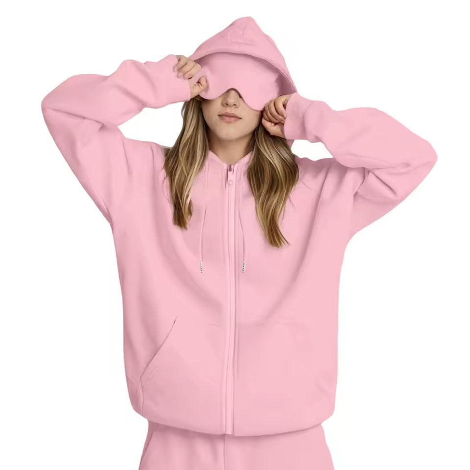 Lazy Style Hooded Eye Mask Sweatshirt Home Leisure Pure Color Versatile Outerwear Long Sleeve Zipper Closure Streetwear For T...