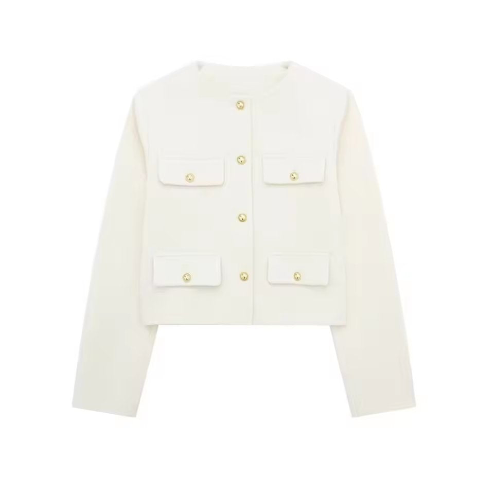 Women'S Golden Button Jacket Coat, O Neck, Long Sleeve, Female Outerwear, Chic Tops, Fashion