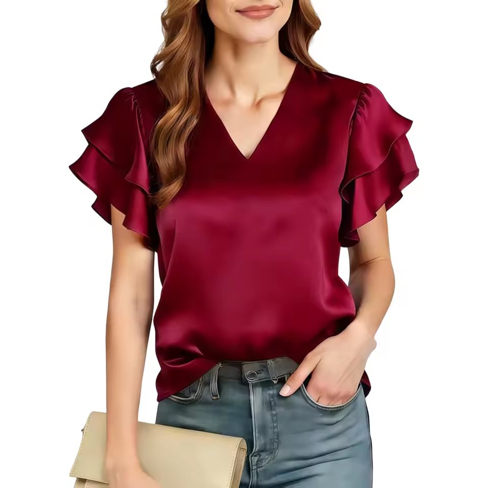 Xingqing Y2K Women Blouses Sexy Clothes Solid Color V Neck Ruffle Short Sleeve Loose Satin Shirts 2000S Clothing Streetwear