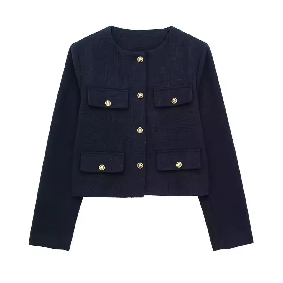 Women'S Golden Button Jacket Coat, O Neck, Long Sleeve, Female Outerwear, Chic Tops, Fashion