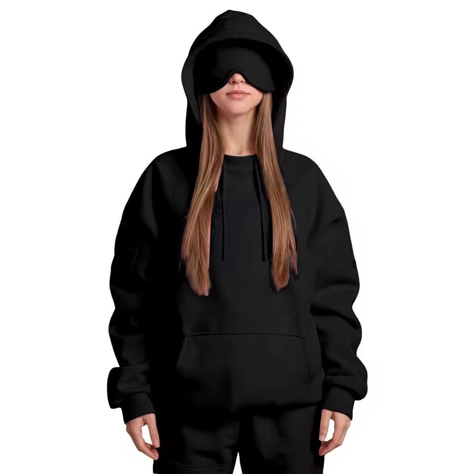 Lazy Style Hooded Eye Mask Sweatshirt Home Leisure Pure Color Versatile Outerwear Long Sleeve Zipper Closure Streetwear For T...