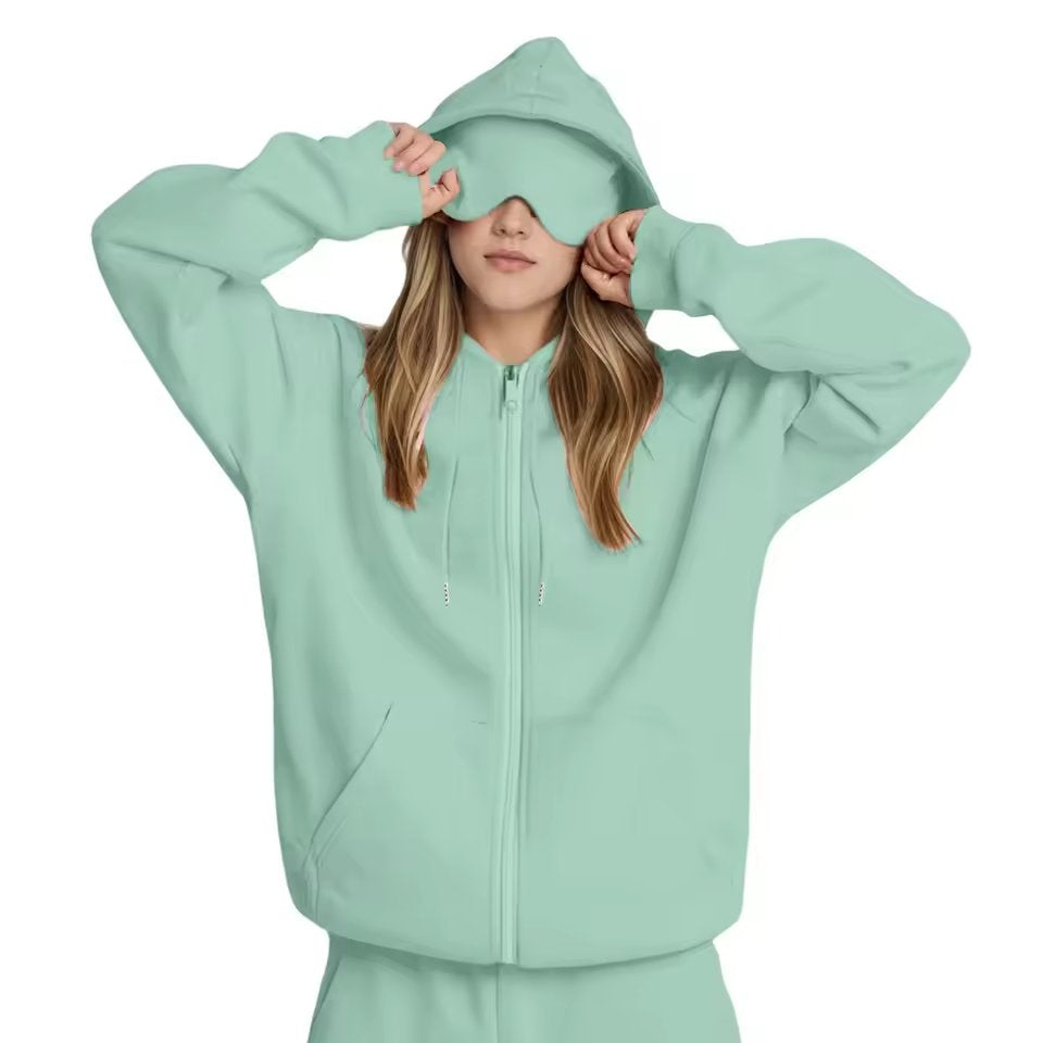 Lazy Style Hooded Eye Mask Sweatshirt Home Leisure Pure Color Versatile Outerwear Long Sleeve Zipper Closure Streetwear For T...
