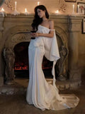 Sisterlinda Elegant Sexy Wedding Dress Women 3D Flowers Slash Neck Backless Irregular Ruffled Tassels Dinner Party Chic Vestidos