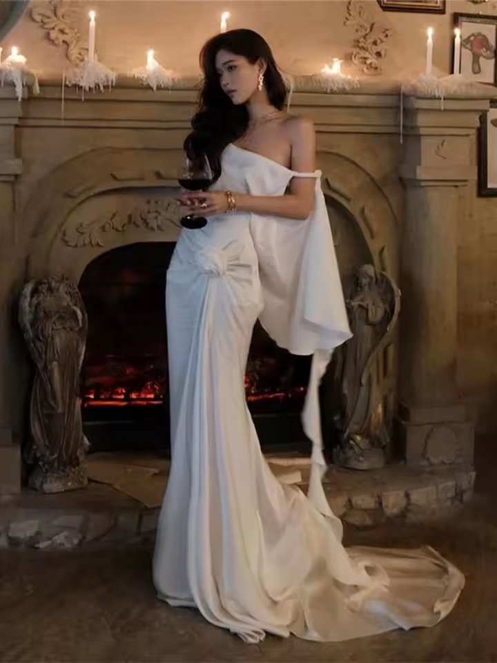 Sisterlinda Elegant Sexy Wedding Dress Women 3D Flowers Slash Neck Backless Irregular Ruffled Tassels Dinner Party Chic Vestidos